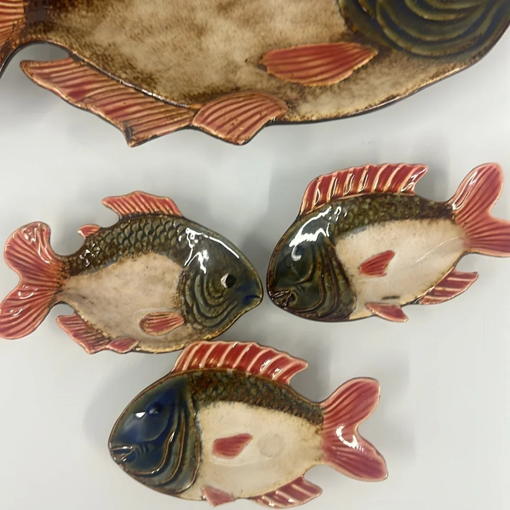 Pier One Hand Painted Porcelain Fish Appetizer Platter Plate Dish set